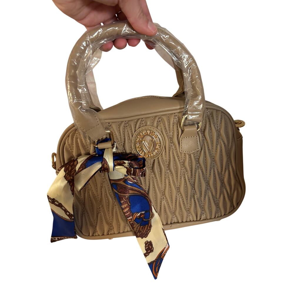 Valentino Orlandi V-3006 Taupe Quilted Satchel Crossbody Bag W blue scarf sealed